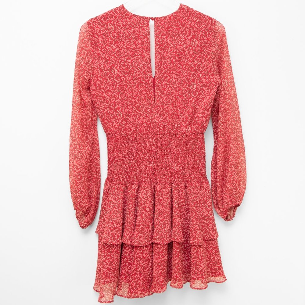 Bardot Ditsy Dress Gauzy Shirred Long Sleeve Mini V-Neck Red Pais Size XS 4 New - Picture 2 of 5